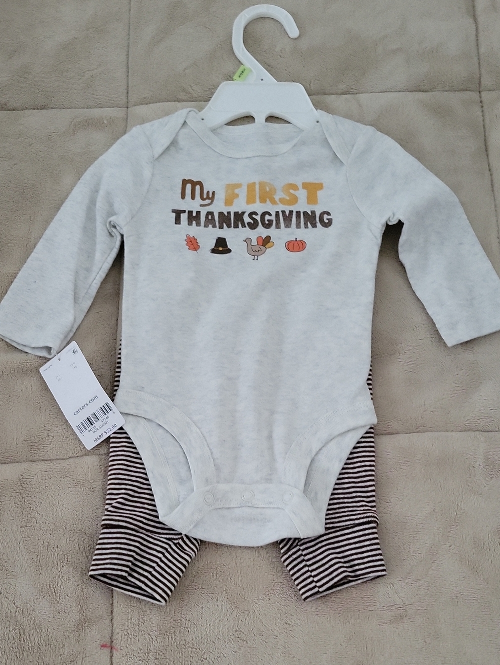 Carter's Cream Long-Sleeve 'My First Thanksgiving' One-Piece New size 3 months